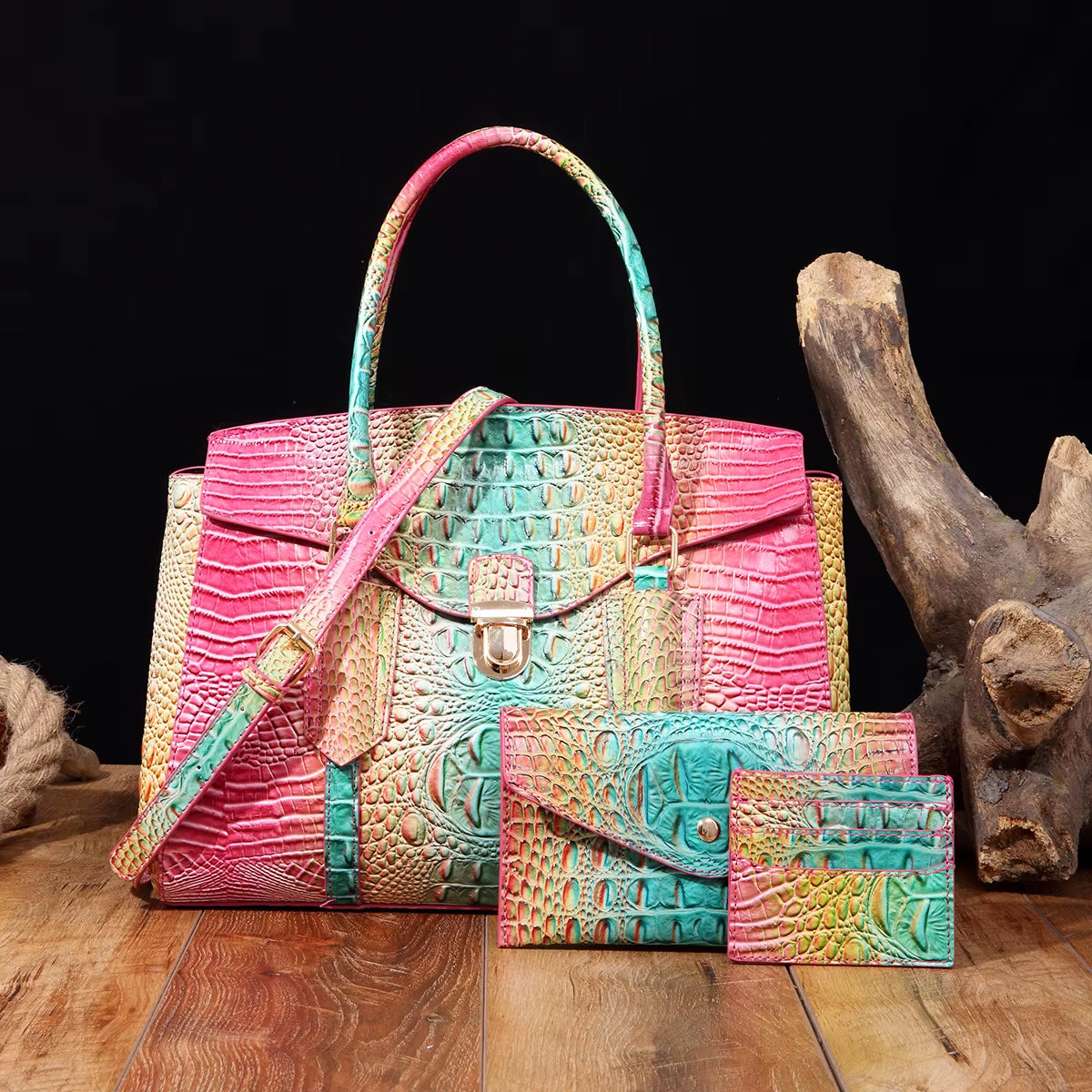 Sac bandoulière pour femme avec poignée et motif crocodile en relief - 3 pièces/lot