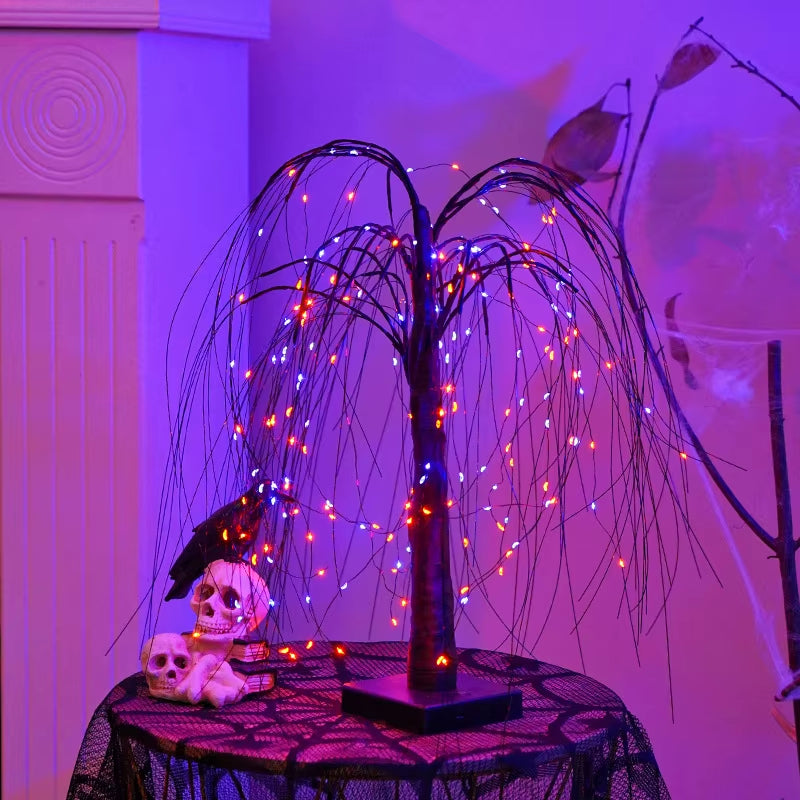 4’ Pre-Lit Halloween Black Willow Artificial Fall Tree with 120 Orange & Purple LED Lights