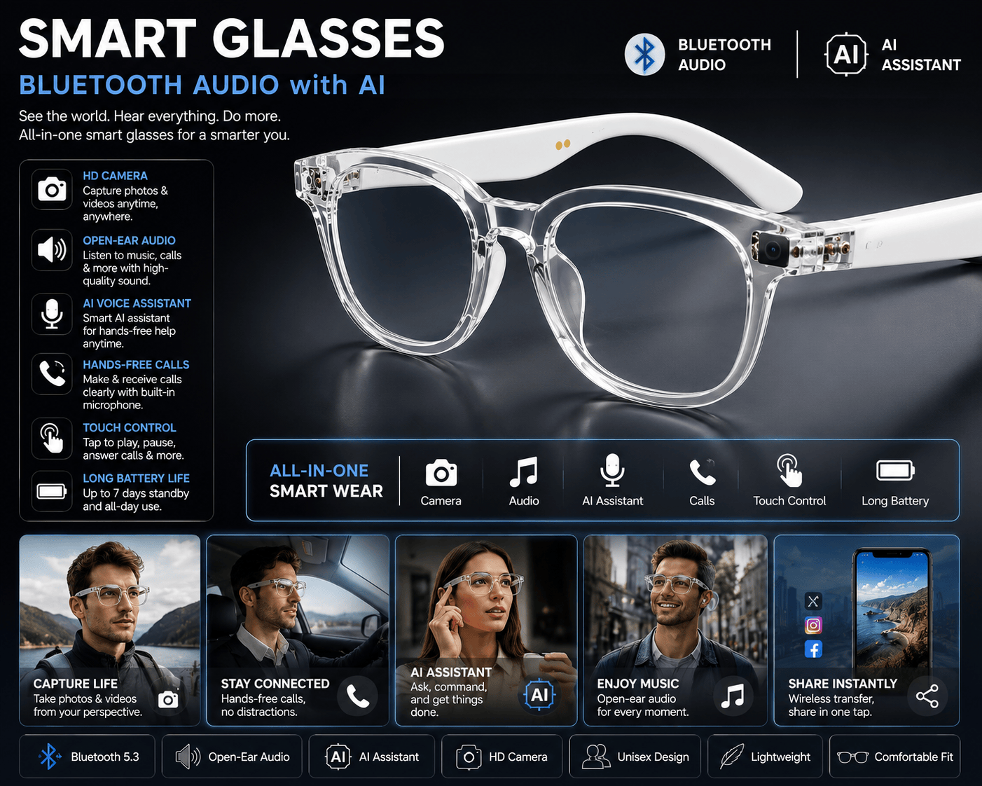AI Smart Glasses with Bluetooth Audio – Style Meets Technology ✨