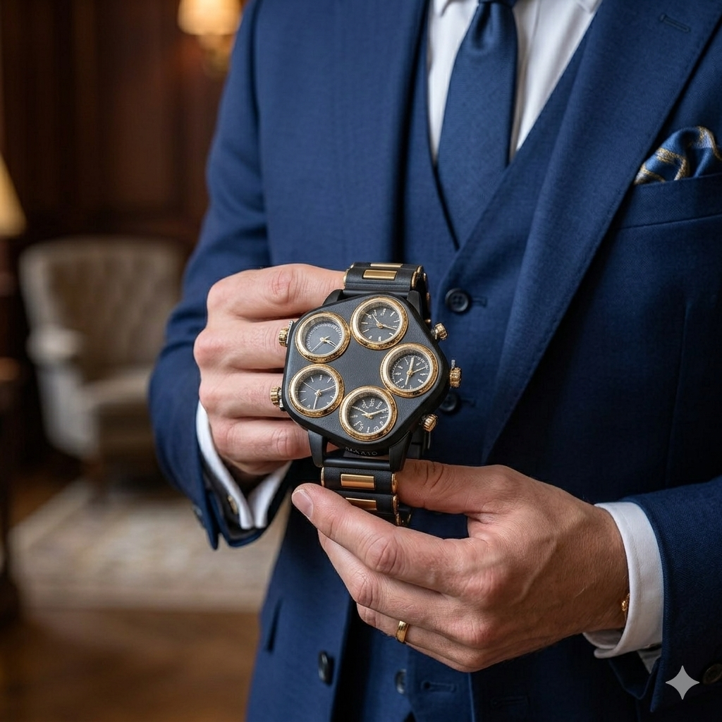 Men's Multi-Time Zone Watch, Black & Gold Design Italianne 2026⌚